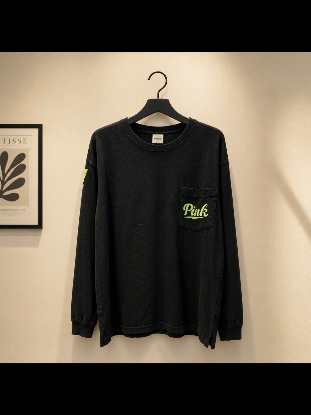 Victoria's Secret PINK Long Sleeve Pocket Tee Black Neon Logo Size M